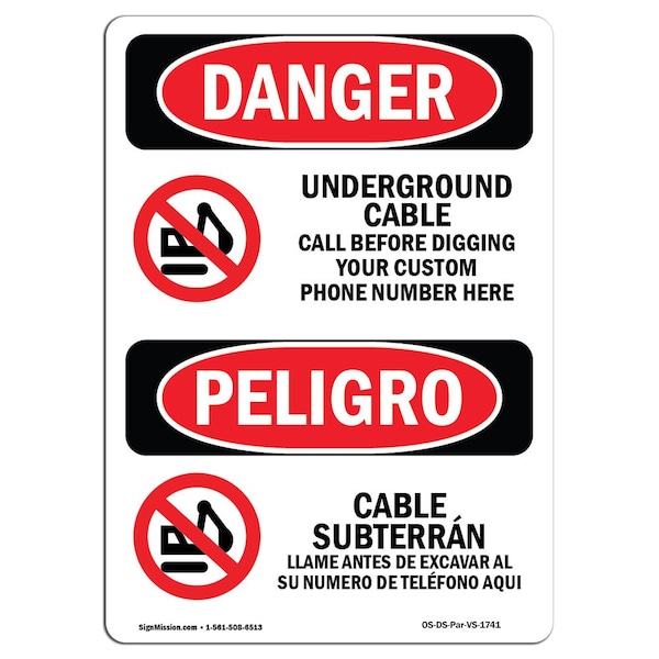 OSHA Sign, Underground Cable Call Custom Bilingual, 10in X 7in Alum, 7" W, 10" L, Spanish